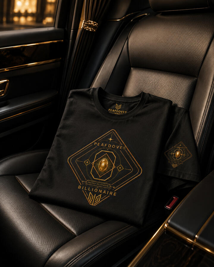 Black PEAFDOVE® Billionaire Sigil Shirt displayed on the seat of a luxury car with black leather interior and gold-toned atmosphere.
