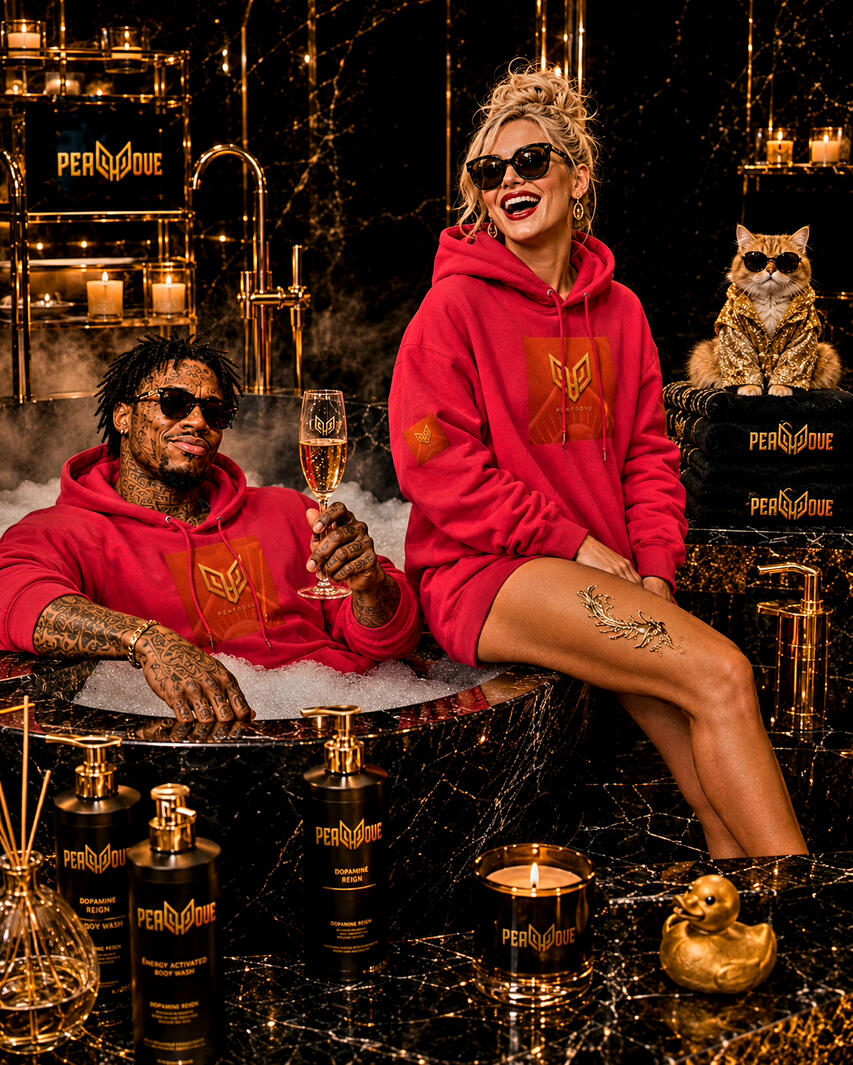 PEAFDOVE® Power Couple Shirt with luxury spa couple artwork, red hoodie styling, gold branding, hot pink accents and Billionaire PEAFDOVE® Power Couple graphic shirt featuring luxury couple streetwear artwork, red hoodie energy, gold PEAFDOVE® logo details and Billionaire Spa Energy fashion design.