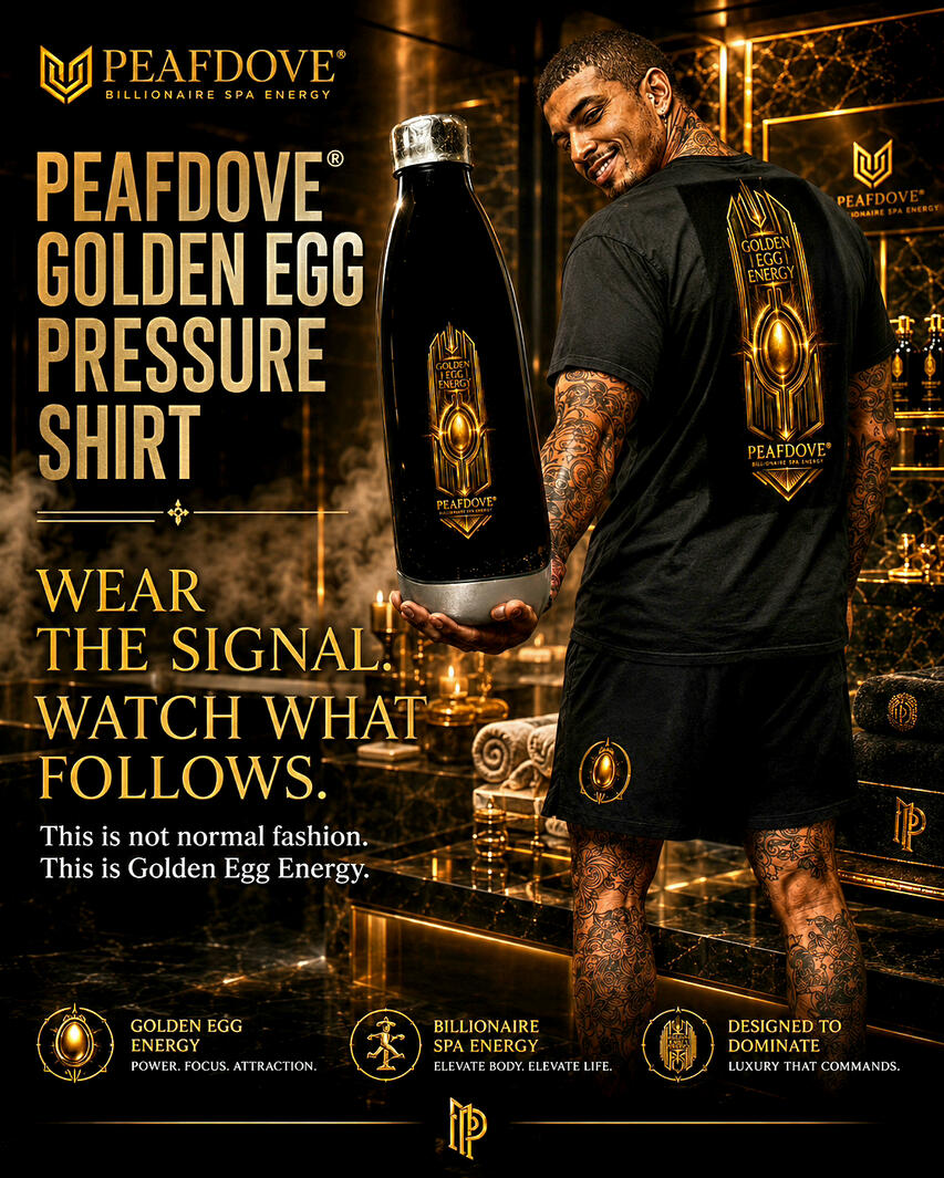 This is not normal fashion. This is Golden Egg Energy. The PEAFDOVE® Golden Egg Pressure Shirt carries the oversized Golden Egg Signal across the back — bold, architectural and impossible to overlook. Glossy black PEAFDOVE® Golden Egg Energy Bottle with a