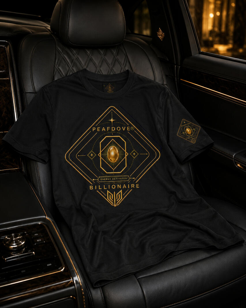 The PEAFDOVE® Billionaire Sigil Shirt carries the full Energy Mark on the chest and back. This is not a quiet shirt. This is a visible frequency. For men who move with luxury pressure, Golden Egg Energy and billionaire aura. Energy activated. Brand Label