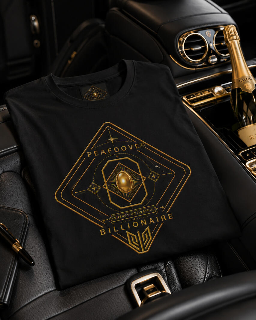 The PEAFDOVE® Billionaire Sigil Shirt carries the full Energy Mark on the chest, back, sleeve signal details PEAFDOVE® Luxury menswear model wearing the PEAFDOVE® Billionaire red hoodie with golden shorts and Golden Egg bag in a black luxury corridor.