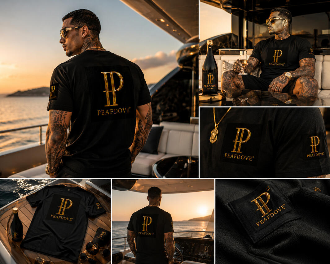 PEAFDOVE® GOLD MONOGRAM — Billionaire Signature Shirt Quiet luxury. Visible authority. The PEAFDOVE® Gold Monogram Shirt carries the gilded PEAFDOVE signature as a controlled statement across the chest. No loud graphic. No overloaded design. Just one unmistakable symbol for men who never need to explain thei